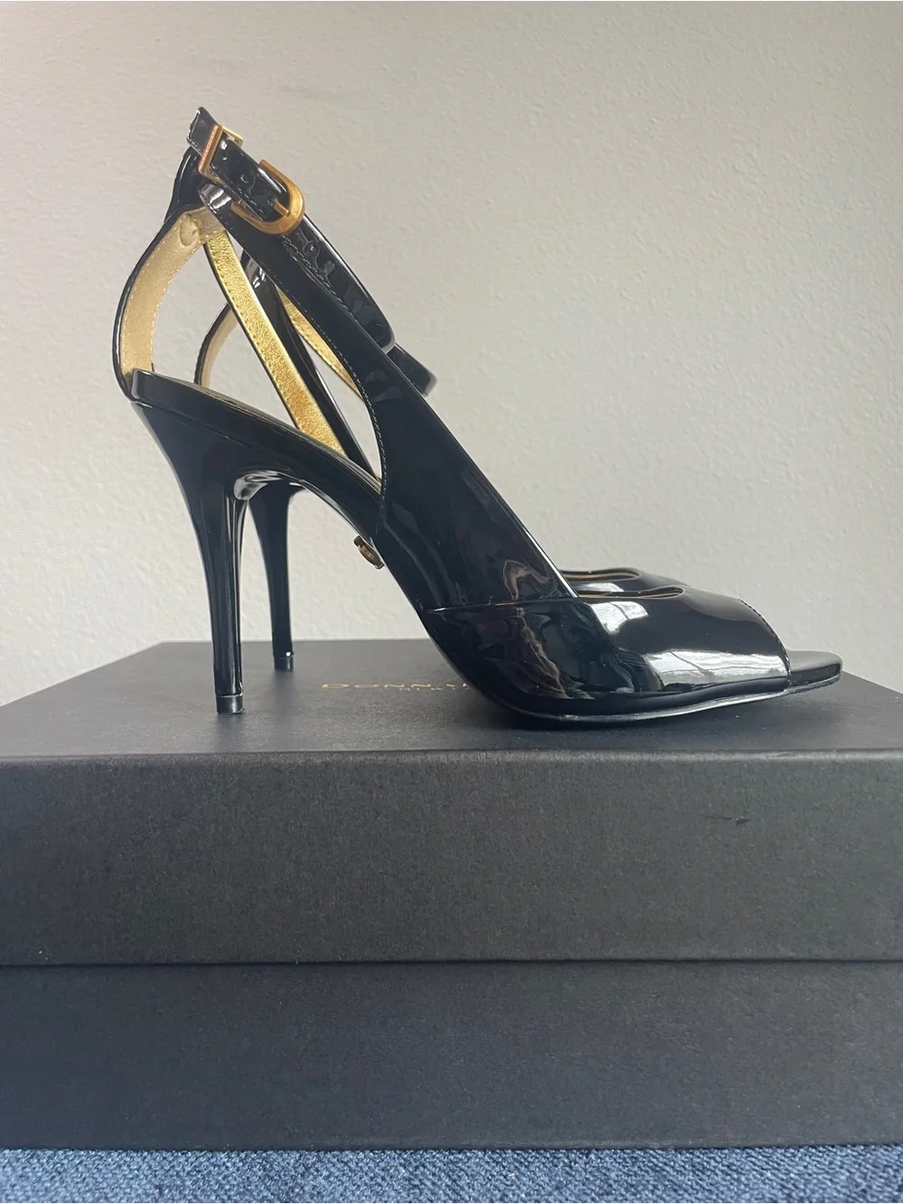 Donna Karan - Somerset - Black Patent Peep-Toe Ankle-Strap Heels with Gold Trim